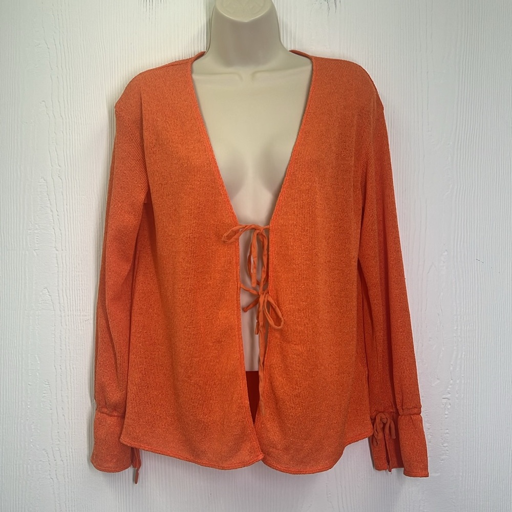 Free People - Hello Hacci Bright Orange Knit Oversized Cardigan Size Medium - Picture 3 of 13